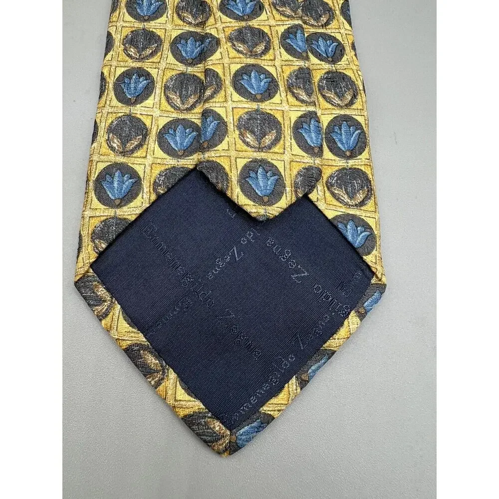 Ermenegildo Zegna Silk Tie Gold Blue Geometric‎ Floral Medallion Made in Italy